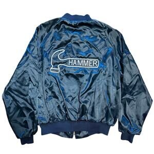 Vintage Hammer Bowling Satin Bomber Jacket Faball Mel Stitched Navy Blue Men's L
